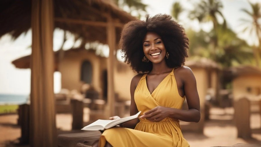 beautiful African woman reading